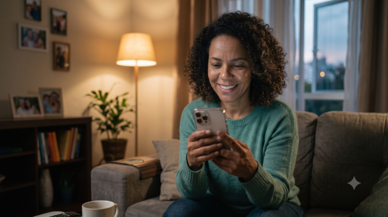 Pessoa aliviada vendo aprovação de cartão de crédito no celular