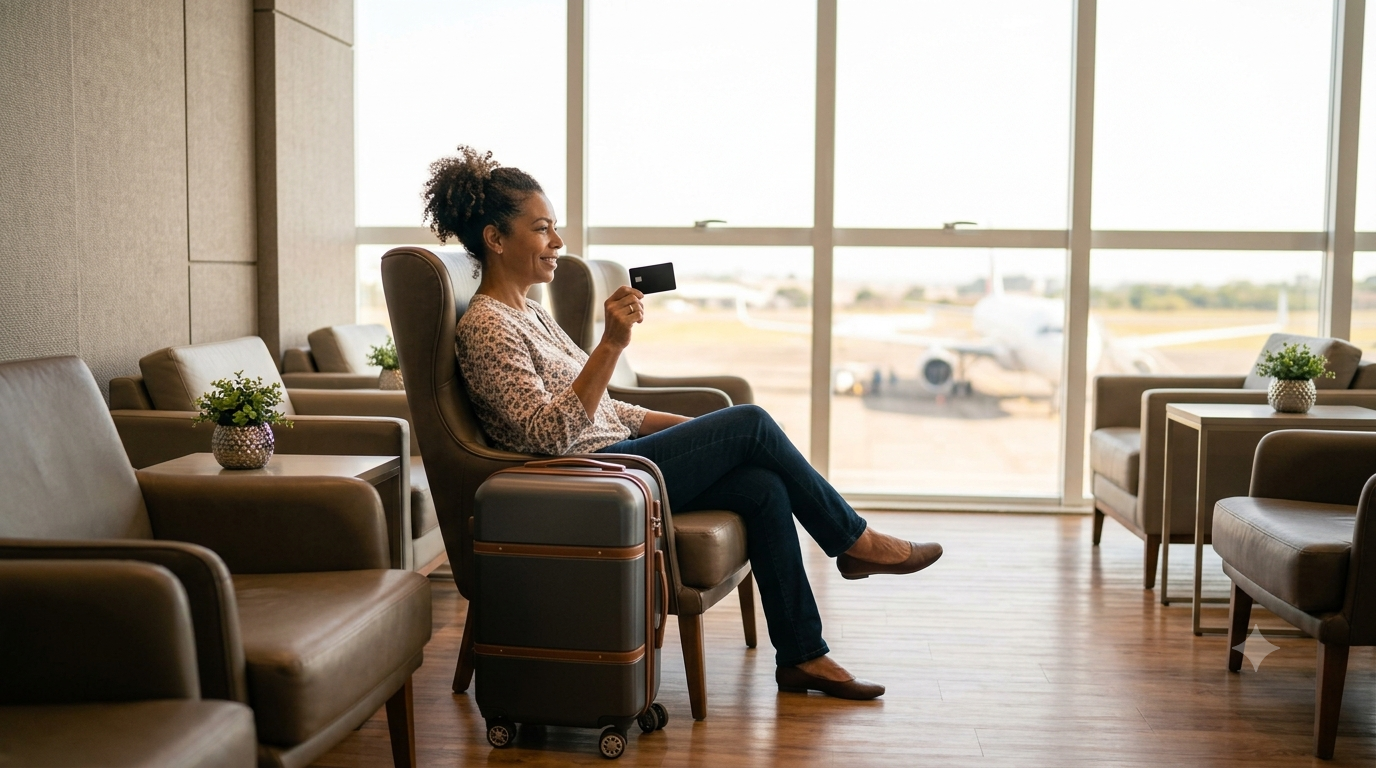 Pessoa satisfeita em sala VIP de aeroporto usando cartão premium