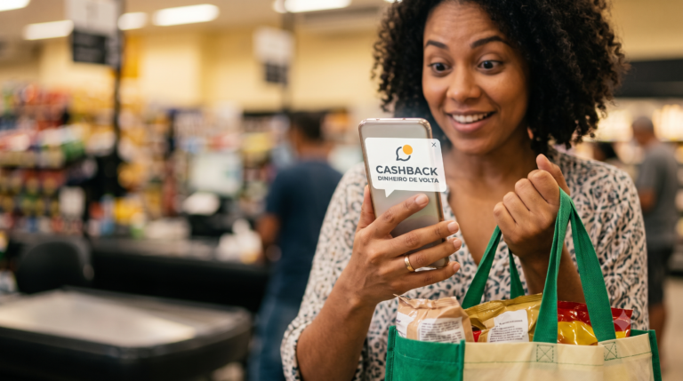 Pessoa satisfeita ao ver notificação de cashback no celular