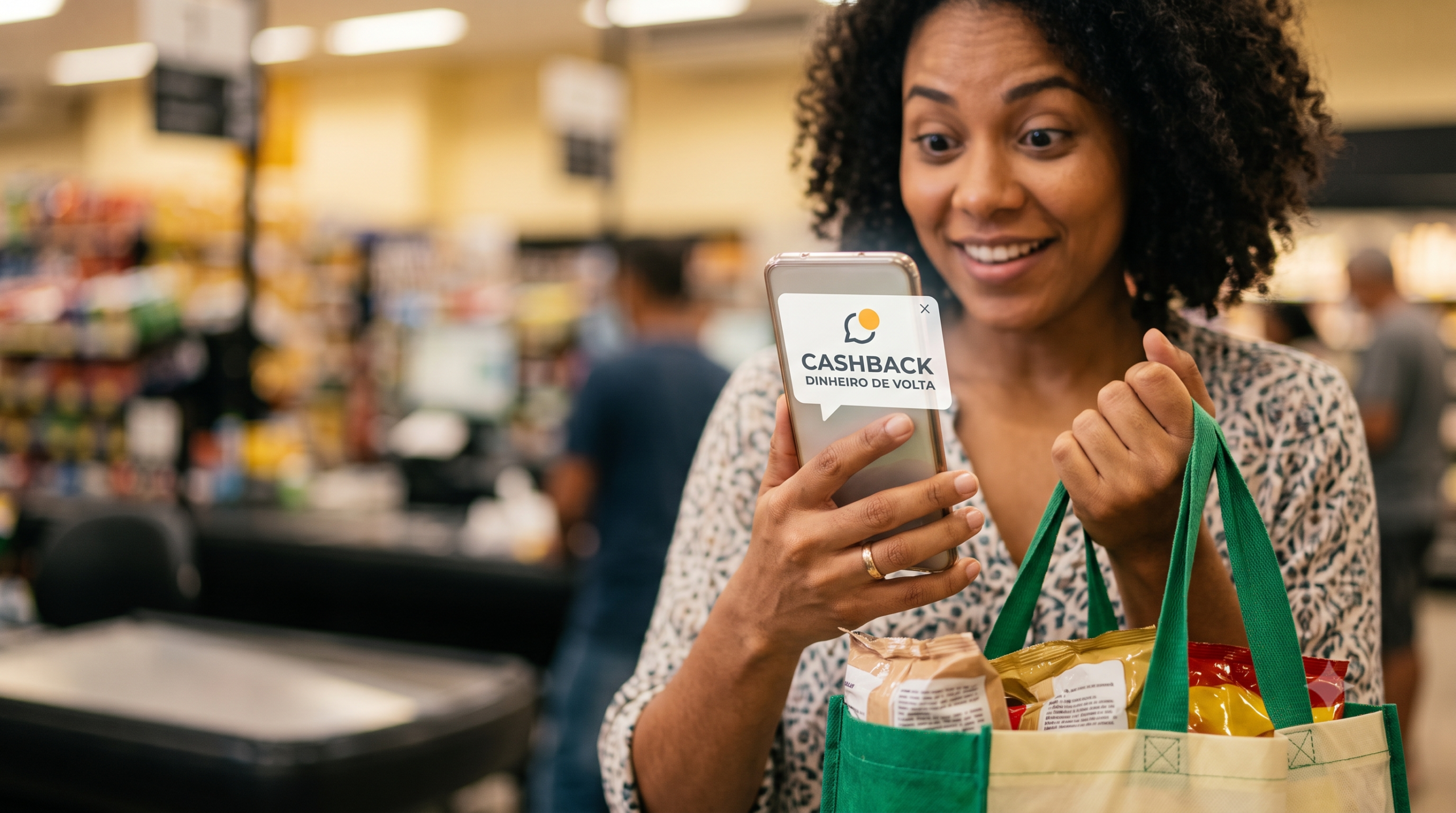 Pessoa satisfeita ao ver notificação de cashback no celular