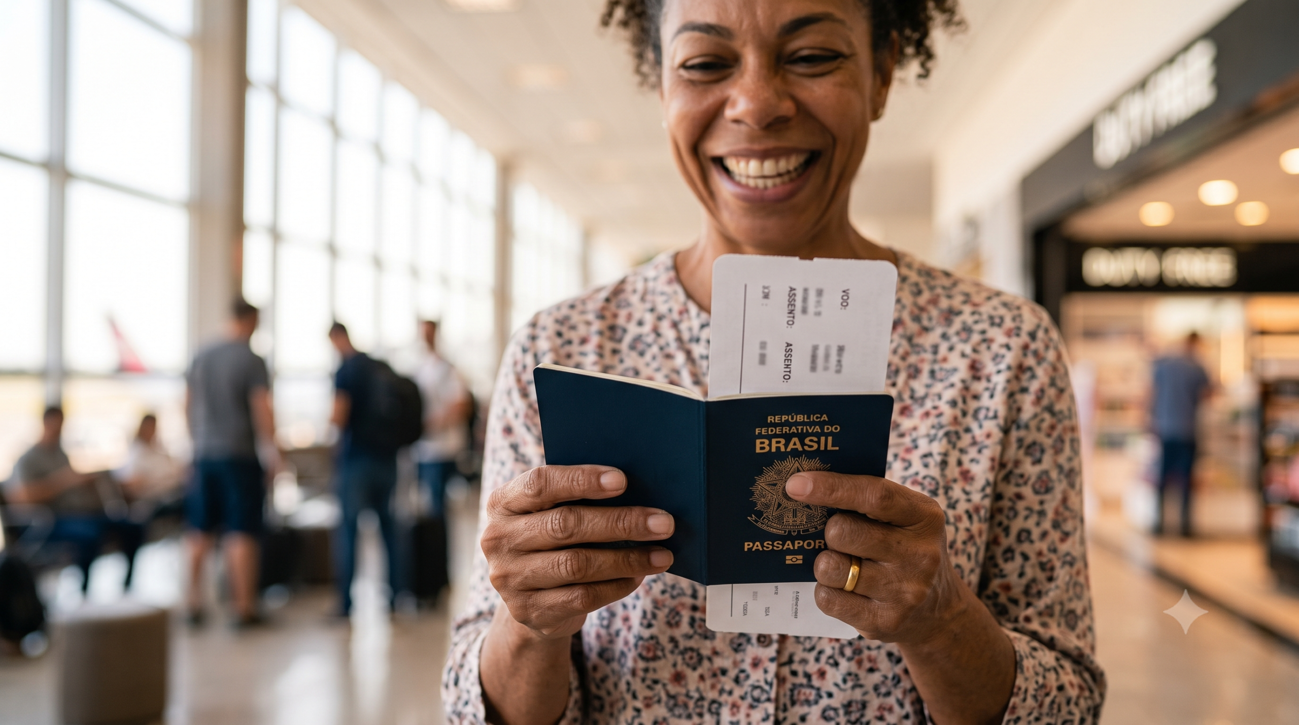 Pessoa empolgada segurando passaporte e cartão de embarque