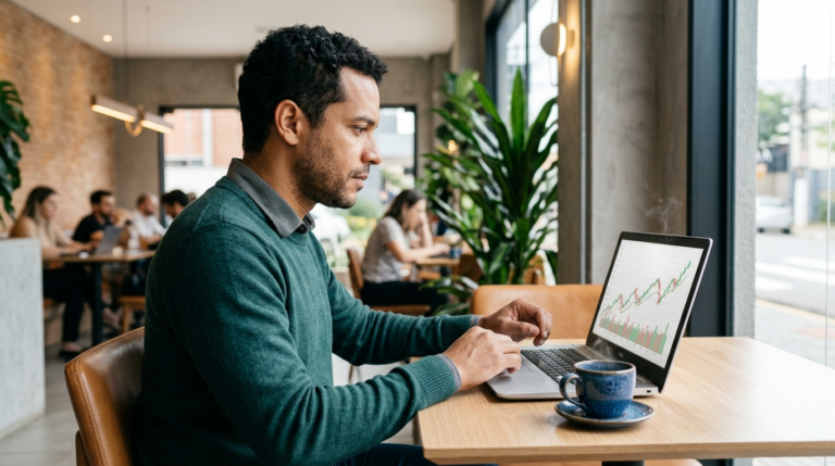 Pessoa analisando gráfico de investimentos internacionais em notebook