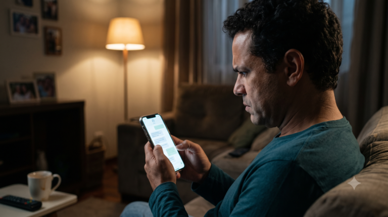 Pessoa desconfiada analisando proposta de empréstimo suspeita no celular