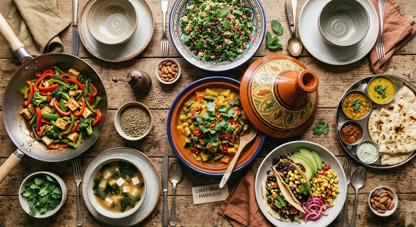 Mesa com pratos veganos internacionais coloridos, incluindo curry, tabule e legumes salteados