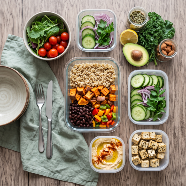 Ingredientes veganos coloridos organizados sobre mesa de madeira para preparo de refeições