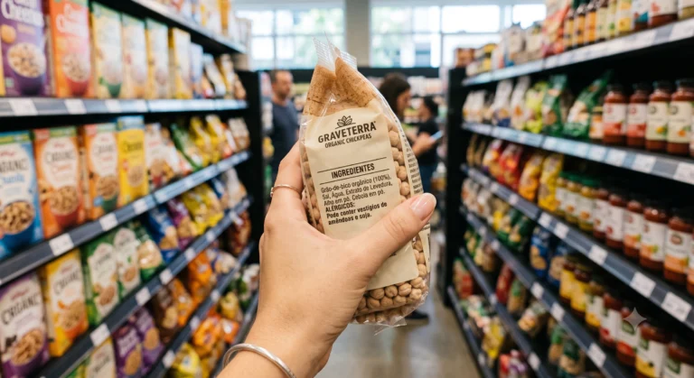 Mão lendo o rótulo de ingredientes de um produto em um corredor de supermercado