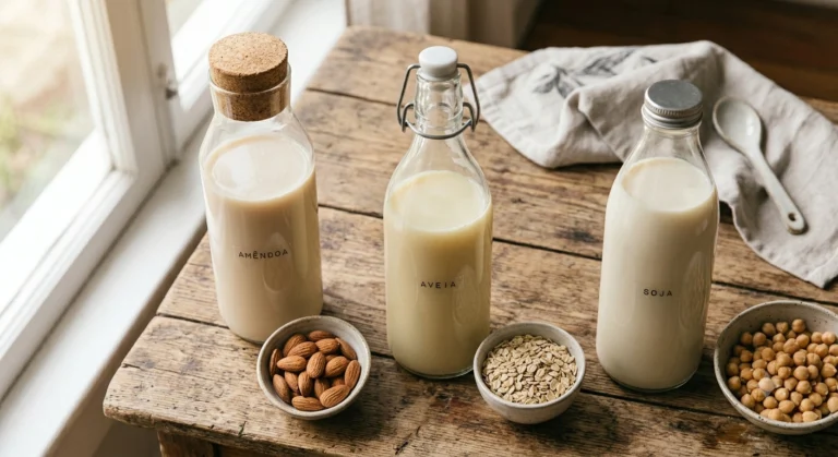 Garrafas de diferentes leites vegetais com seus ingredientes ao lado sobre mesa de madeira