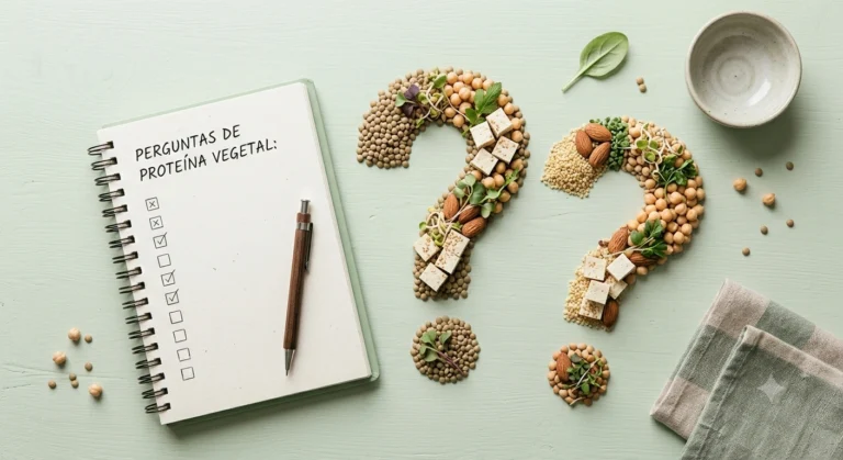 Composição conceitual com pontos de interrogação feitos de vegetais e um caderno de anotações