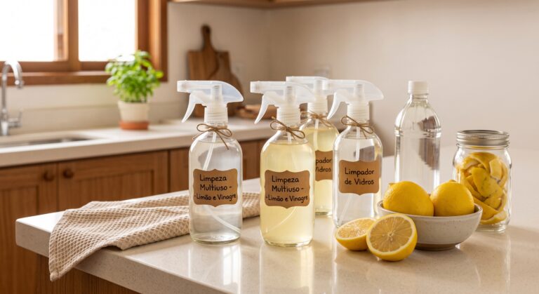 Produtos de limpeza naturais caseiros em borrifadores de vidro com limão sobre bancada