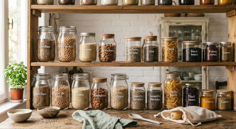 Potes de vidro com alimentos a granel organizados em prateleira de cozinha estilo zero waste