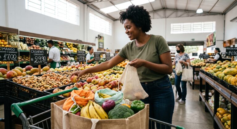 Pessoa usando sacolas reutilizáveis de tecido para frutas e vegetais no mercado