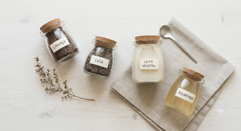 Potinhos de vidro com linhaça, chia, leite vegetal e aquafaba organizados sobre a mesa