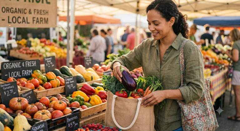 Pessoa enchendo sacola de compras com frutas e vegetais frescos em uma feira