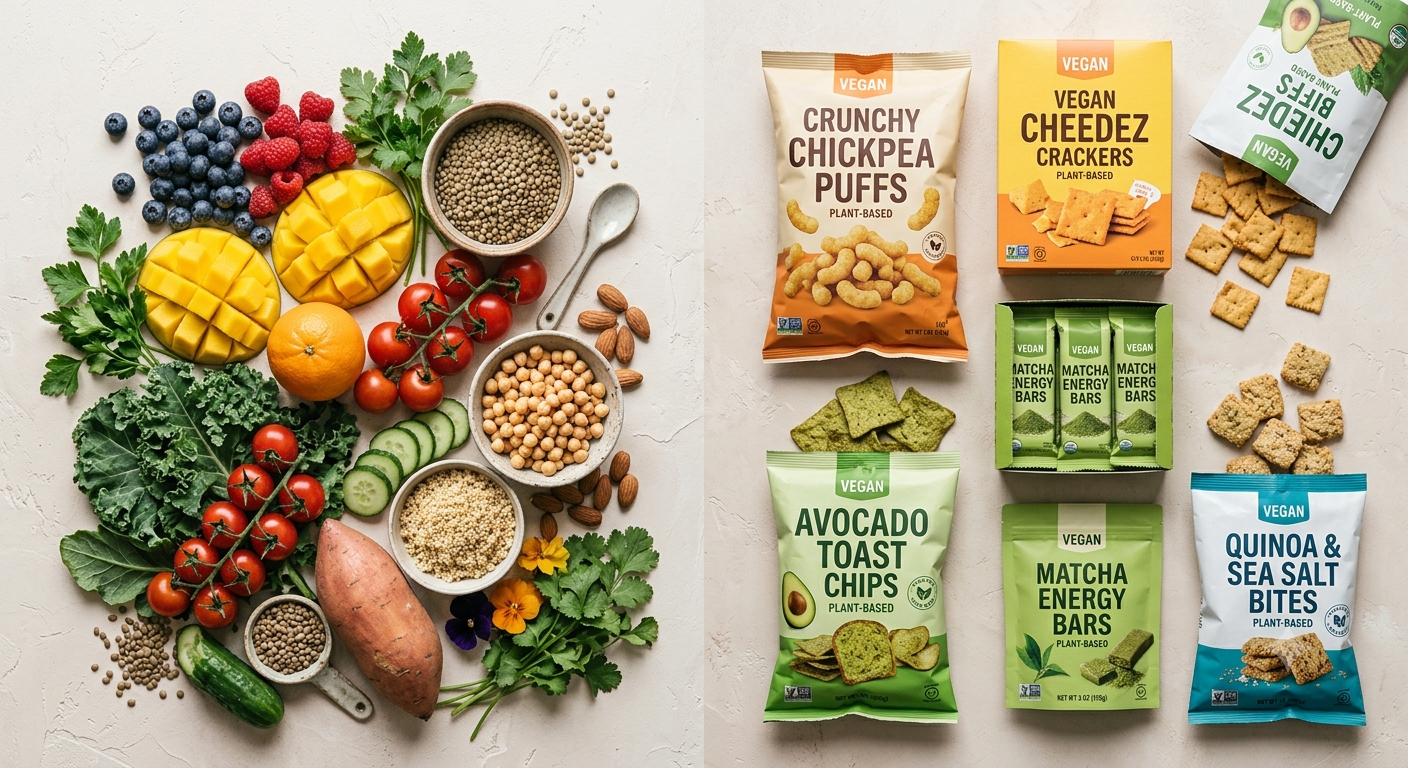 Comparação entre alimentos vegetais frescos e produtos veganos industrializados embalados