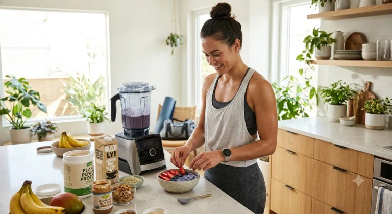 Pessoa em roupa de treino preparando smoothie bowl de proteína vegetal na cozinha