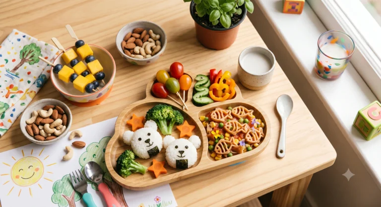 Prato colorido com frutas e vegetais em formatos divertidos para crianças