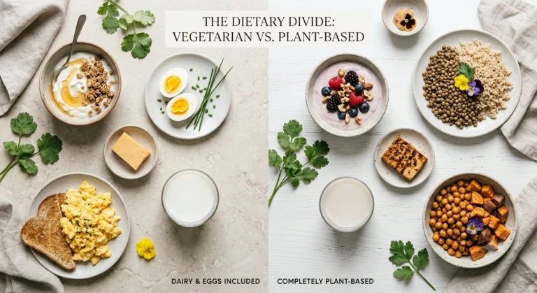 Composição dividida mostrando alimentos vegetarianos com laticínios de um lado e alimentos totalmente vegetais do outro