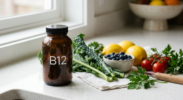 Frasco de suplemento de vitamina B12 ao lado de vegetais frescos na bancada da cozinha