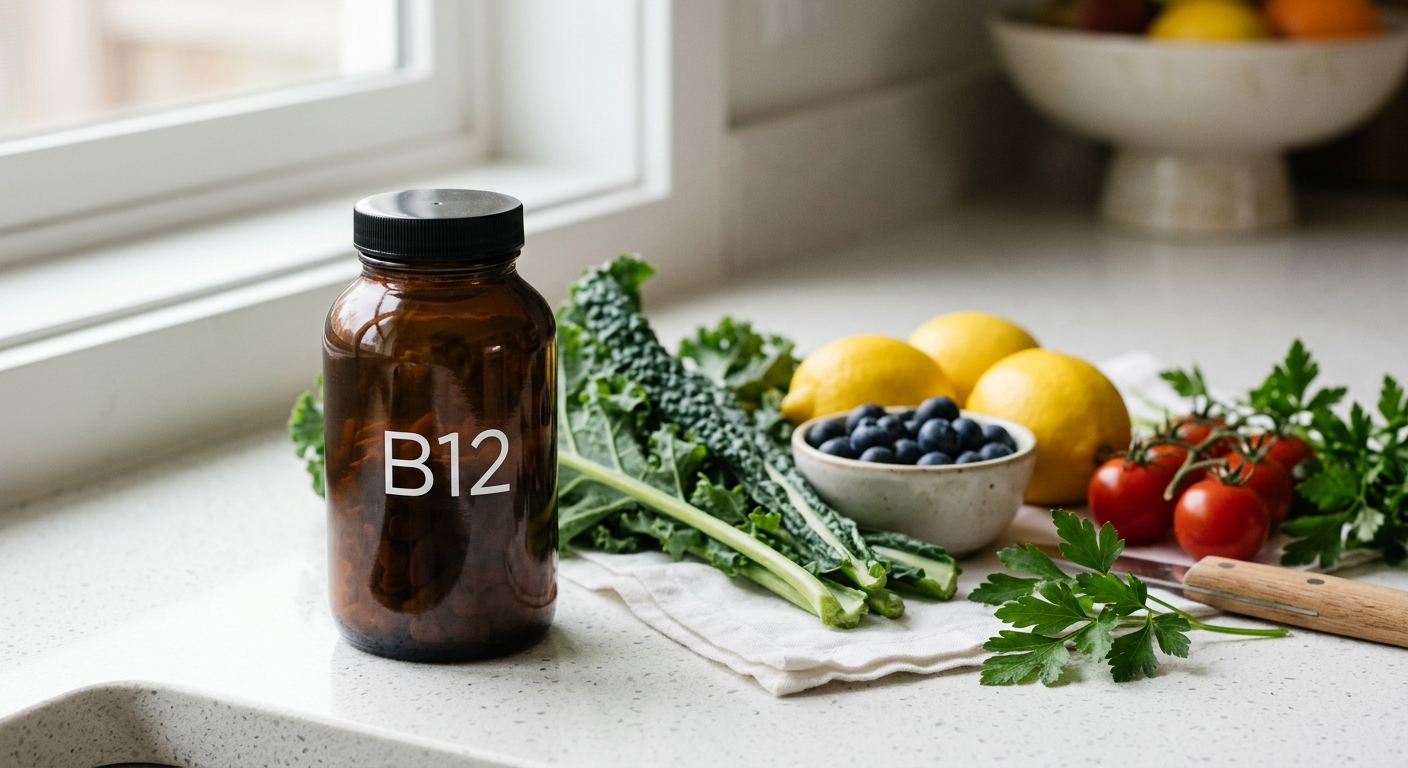 Frasco de suplemento de vitamina B12 ao lado de vegetais frescos na bancada da cozinha
