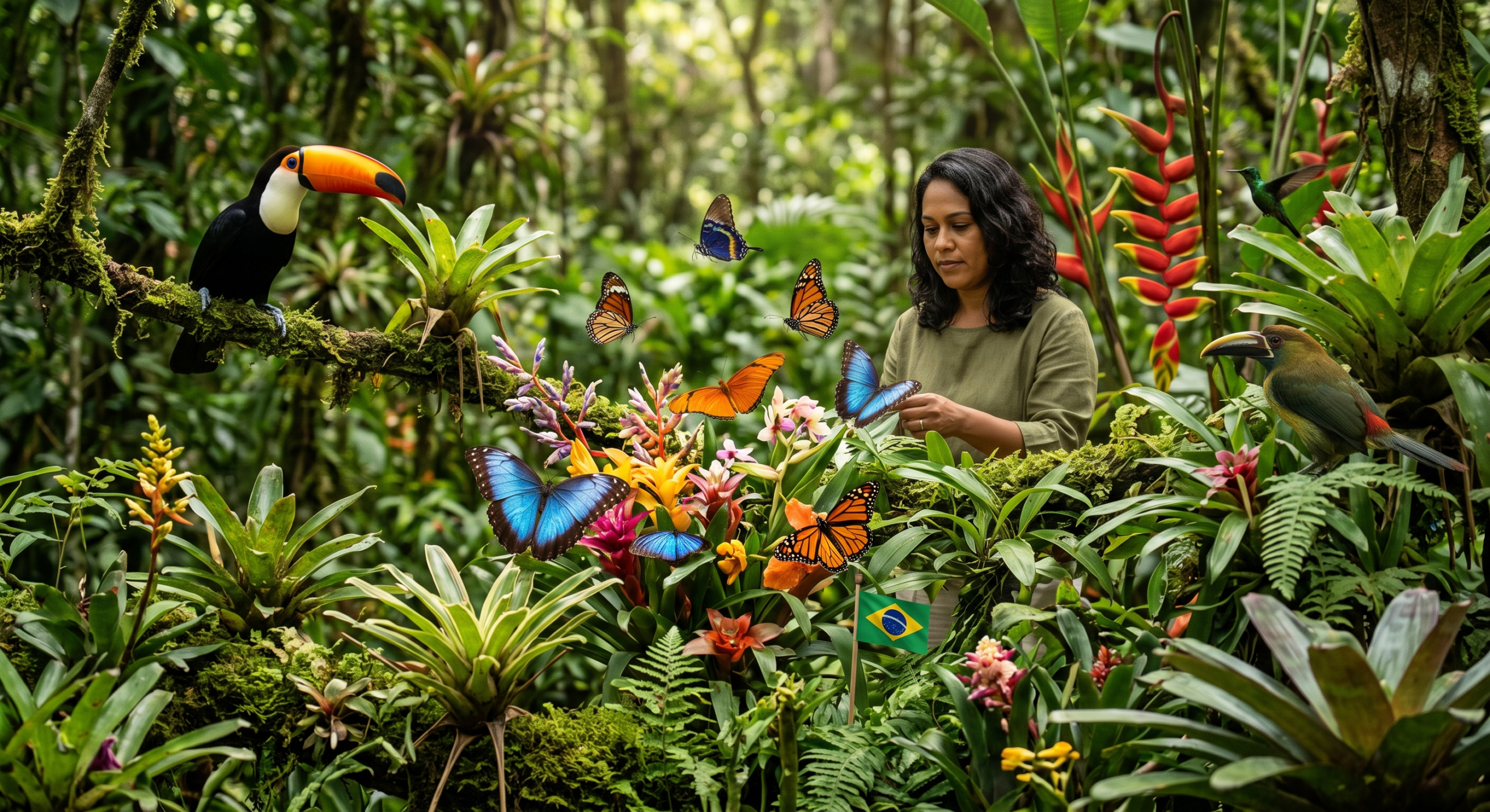 Cena de floresta tropical diversa com plantas, borboletas e pássaros