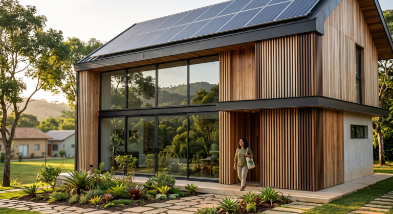 Fachada de casa moderna sustentável com grandes janelas, detalhes em madeira e painéis solares