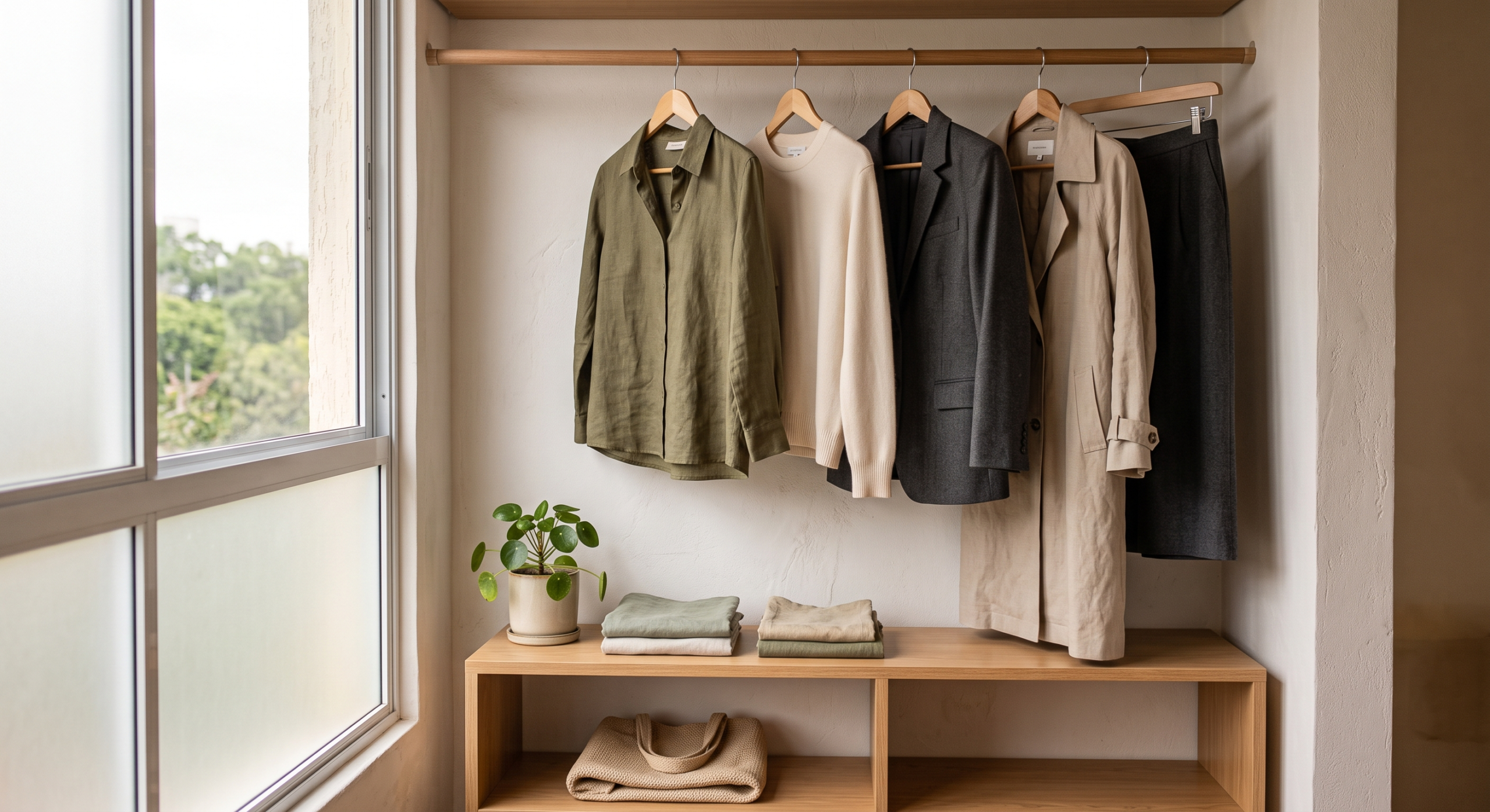 Guarda-roupa minimalista organizado com poucas peças de roupa de qualidade em tons neutros