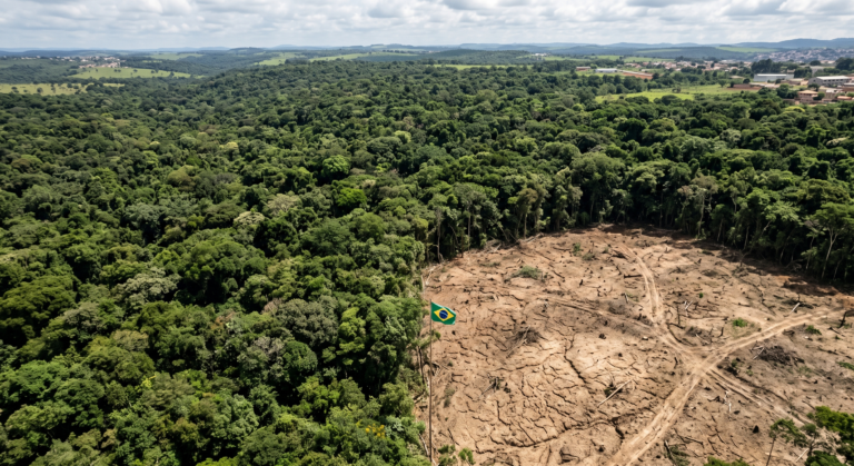 Vista aérea da floresta amazônica com uma clareira de desmatamento visível