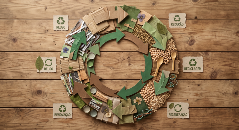 Diagrama circular conceitual feito de materiais reciclados representando o ciclo de reaproveitamento