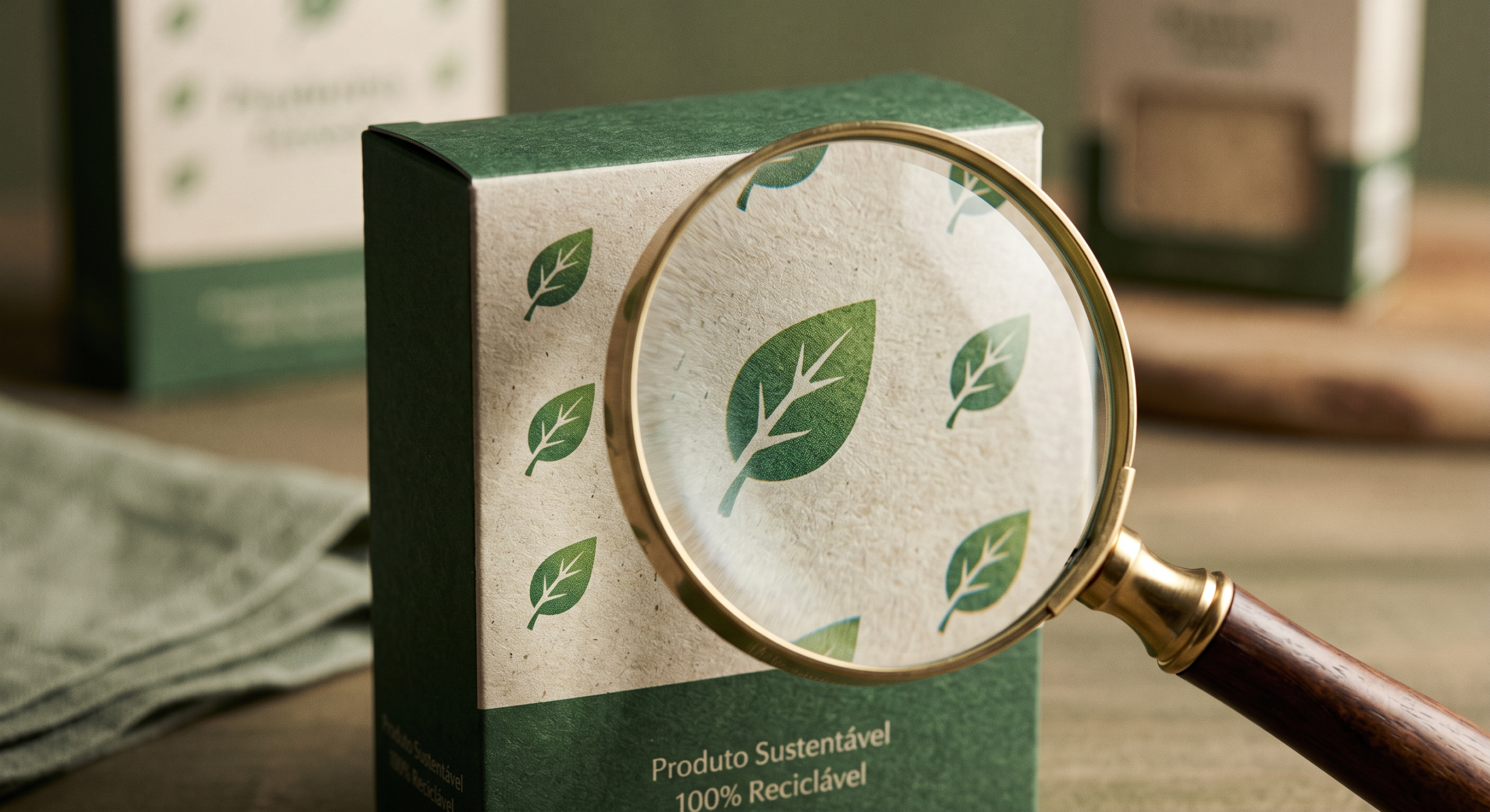 Embalagem de produto com símbolo de folha verde sendo examinada com lupa