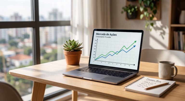Notebook mostrando gráfico de crescimento de investimentos ao lado de uma planta pequena sobre a mesa