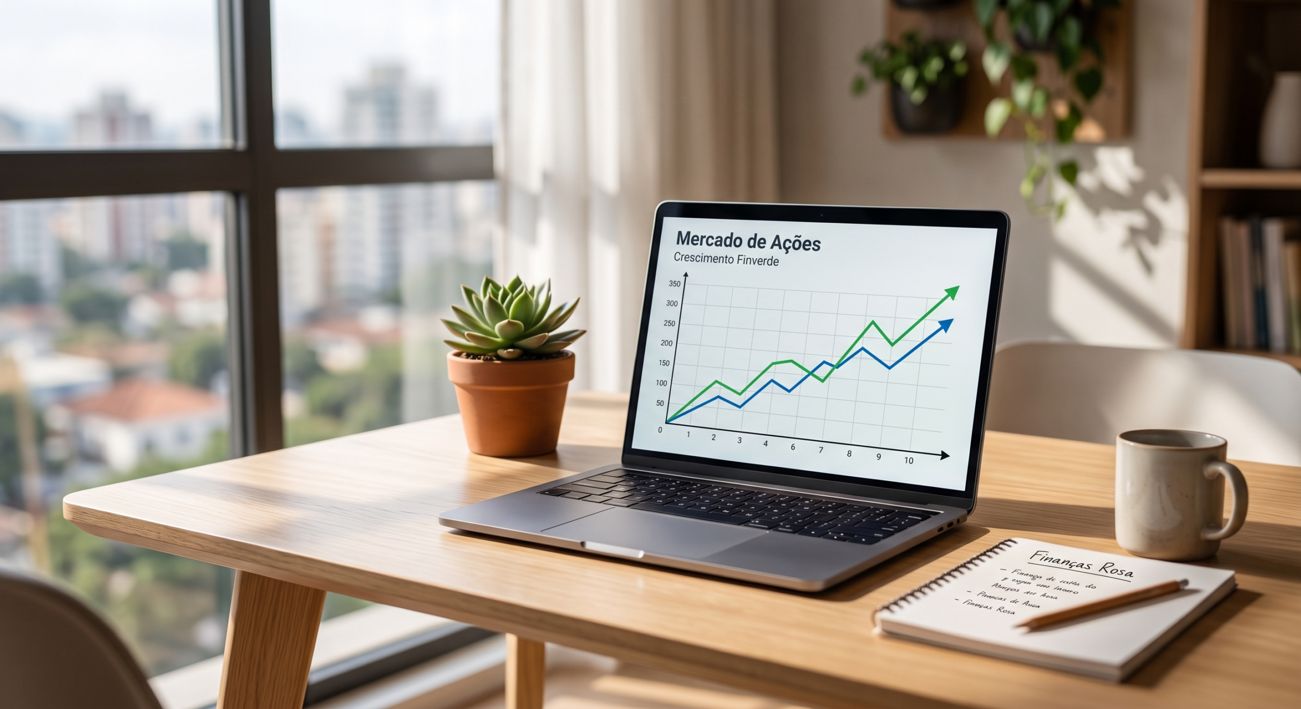 Notebook mostrando gráfico de crescimento de investimentos ao lado de uma planta pequena sobre a mesa