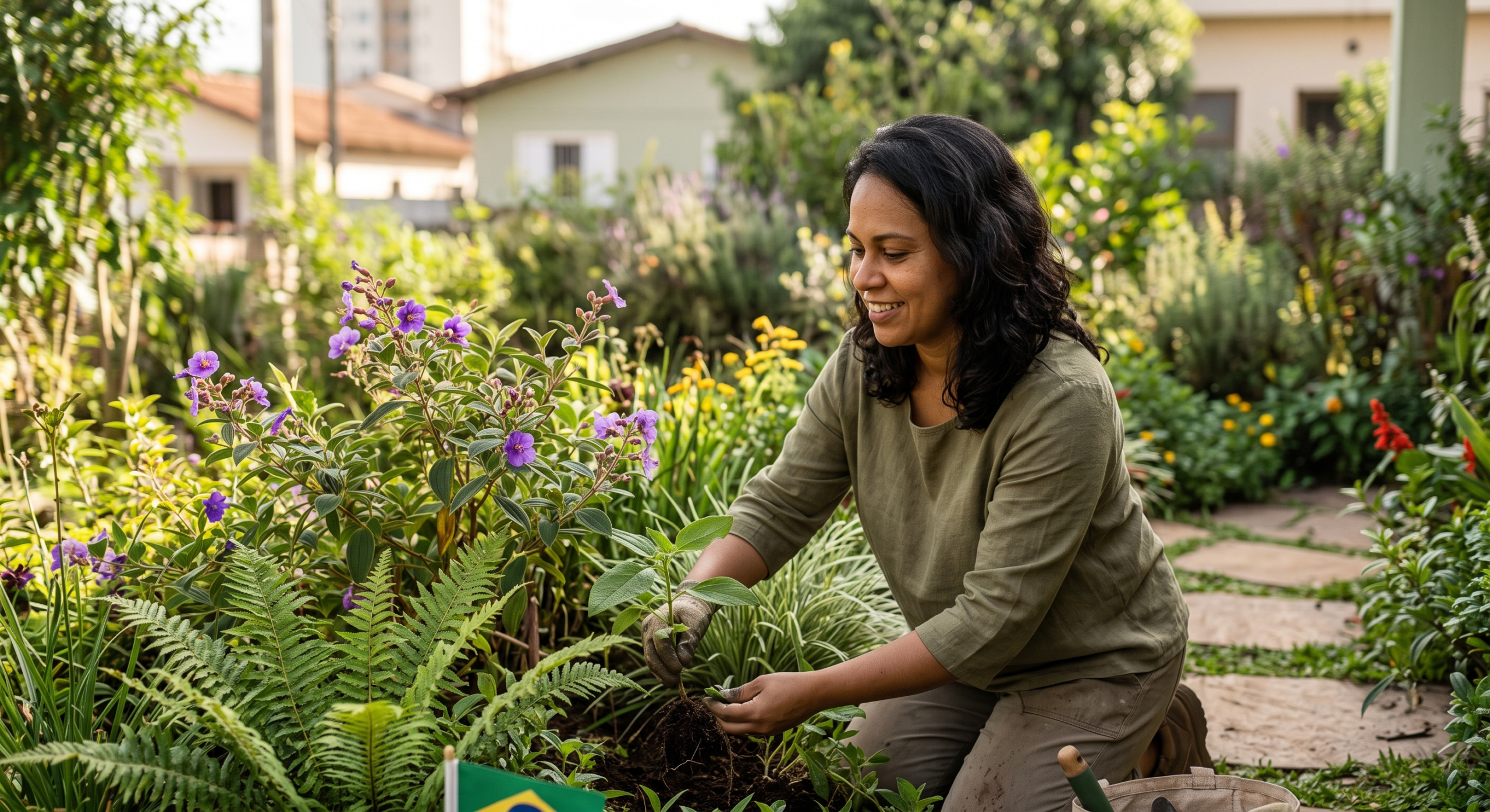 Pessoa cuidando de jardim exuberante com plantas nativas em quintal residencial