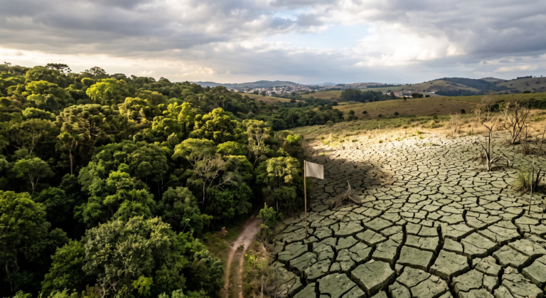 Paisagem mostrando contraste entre floresta verde exuberante e terra seca rachada