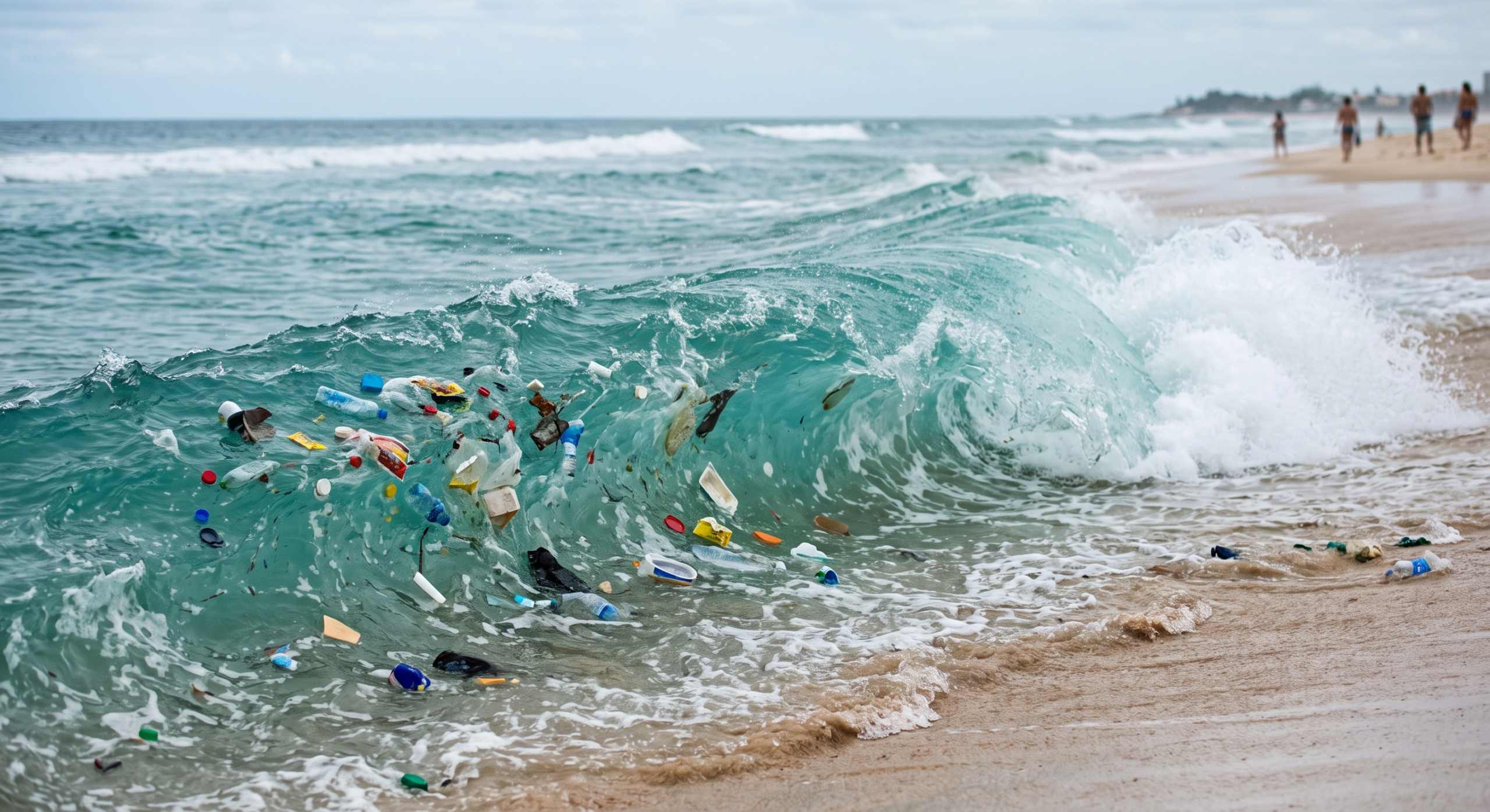 Onda do mar com resíduos plásticos visíveis próximos à costa